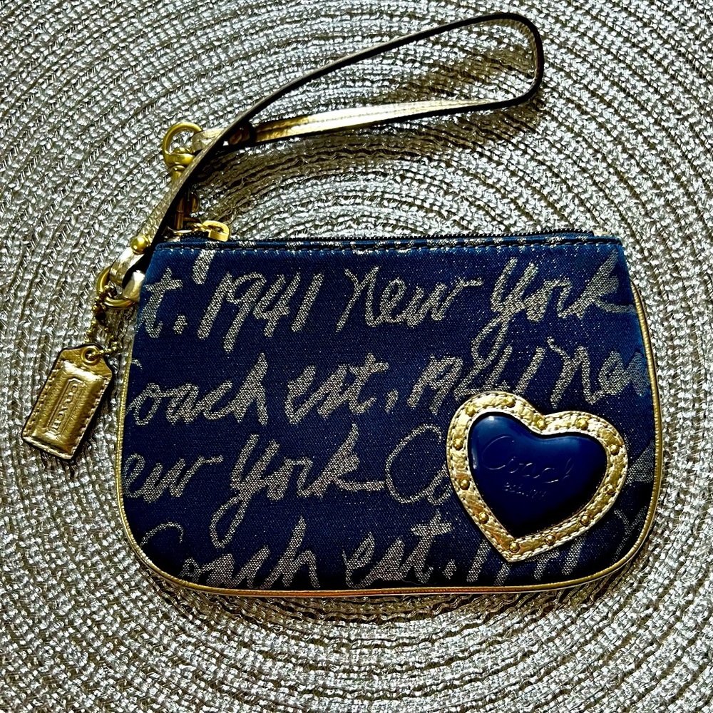 Coach Navy and Gold Heart Wristlet
